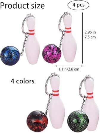 WNHNO 4 Pcs Multicolor Bowling Keychains, Sports Keychains Bowling Charms Purse Bag Charms Sports Party Favors Gifts (Red Green Blue Purple)