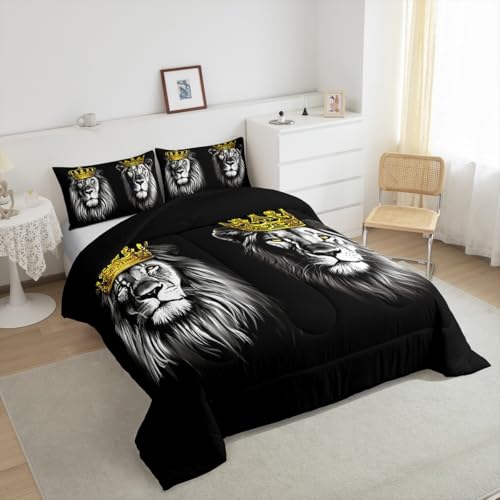 Image of Feelyou Kids Lion King & Queen Comforter Full Size, Gold Crown Comforter Set for Man Woman African Safari Animal Bedding Set Wild Lion Couple Duvet Set Microfiber Bed Set