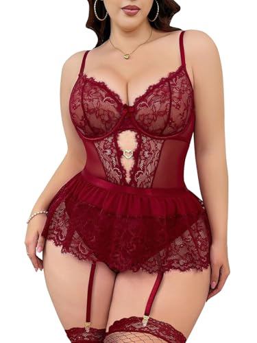 Image of Lilosy Sexy Lingerie Set 3 Piece Women Corset Bodysuit Skirt | Rhinestone Heart Stocking Garter Plus Size Underwire Mesh Sheer Lace Push Up Babydoll Halloween Christmas Valentine's Bridal