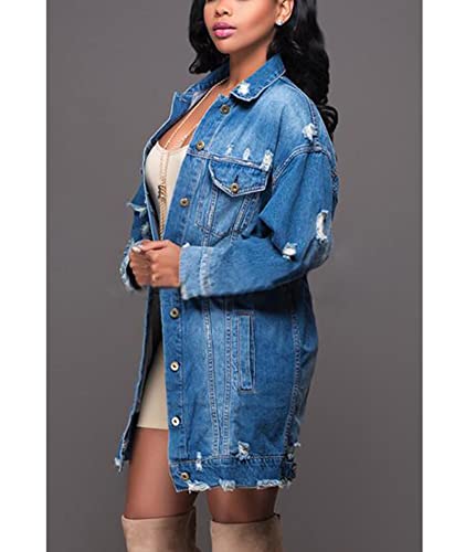 Somthron Women's Distressed Denim Jeans Outfits Coat Spring Fall Ripped Jeans Outerwear Denim Jacket(Be-L) #TOP4