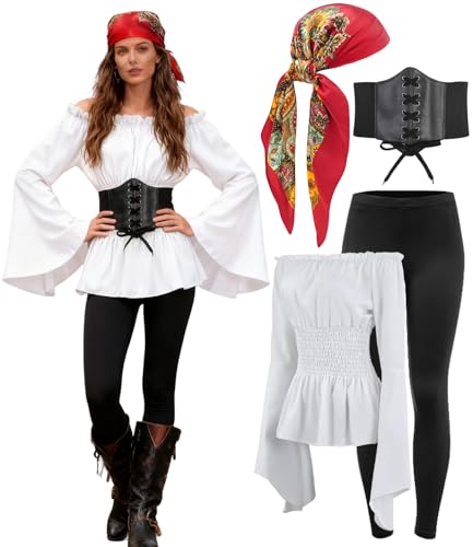 kasahara - Conjunto de disfraz de pirata para mujer, sexy, medieval, con hombros descubiertos, incluye blusa, corsé, mallas, pañuelo para la cabeza, carnaval, disfraz completo (Blanco, S)