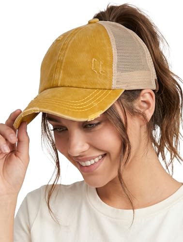 Funky Junque Funny Womens Criss Cross Ponytail Hat Distressed Messy Bun Ball Cap Adjustable - Beige Mesh - Mustard (Distressed)
