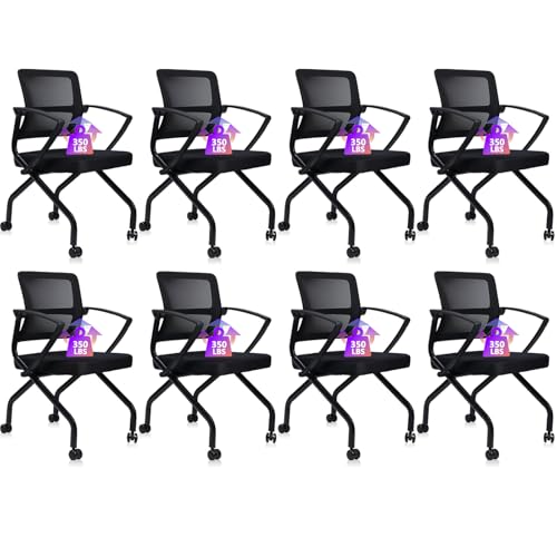 CLATINA Stackable Foldable Ergonomic Office Chair with Lumbar Support and Thick Cushion, Folding Mesh Fabric Reception Guest Chair with Arms & Wheels for Training Room, Guest, Reception, Black (8pk)