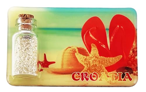 CUCUBA Aimant de réfrigérateur Croatie Étoile de mer tongs et bouteille avec aimant de sable 3D de collection 8 x 5 cm NS-8