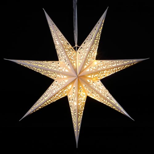 Image of Festive Lights - 60cm Paper Shining Star Christmas Battery Powered Pre-Lit Seasonal Decoration - 20 Warm White LEDs, 6 Hour Timer Function, IP20 Indoor Use, Rope Hanging Loop, Rustic Modern Style