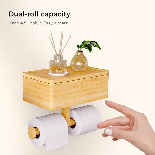 Wealone T-002T 3-In-1 Toilet Paper Holder With Shelf And Storage, Rotating Bamboo Dual Toilet Tissue Roll Holder Wall Mount thumb #3