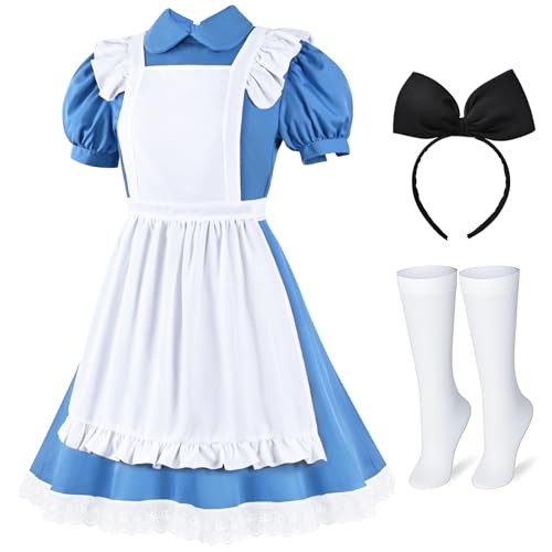 Women's Blue & White Princess Costume Halloween Costumes Set - 3-Piece Deluxe Dress with Apron, Headband & Stockings(Blue S)