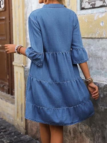 Women's Casual Denim Dress Tiered Ruffle A Line Button Down Summer Jean Dresses with 3/4 Flared Sleeves2