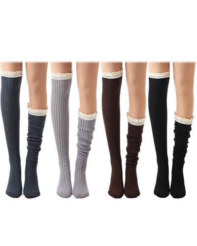 Syhood 4 Pack Cotton Women thigh high socks with Lace Trim over the knee High Socks Boutique Lace Tall Boot Stockings for Women (Coffee Navy Grey Black)