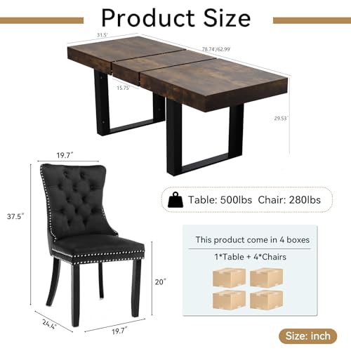 Image of Rustic Brown Dining Room Table Set for 4, 5-Piece 63 inch-78.74 inch Extendable Dining Table Set with 4 Upholstered Chairs, Rectangle Wooden Expanding Kitchen Table and Black Chairs Set