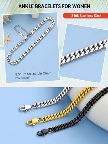 Image of FaithHeart Waterproof Ankle Bracelets for Women, 1 /2 /3Pcs Non Tarnish Stainless Steel Layered Anklet Set Paperclip Figaro Cuban Link Chain Dainty Summer Beach Jewelry Gift Adjustable Size