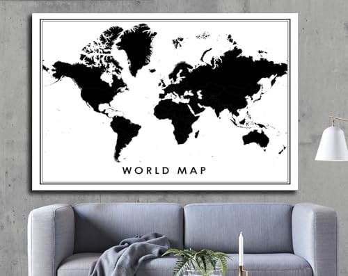 World Map Print Poster Canvas in Modern Black and White, Minimalist Wall Art for Living Room Bedroom Office or Study Decor