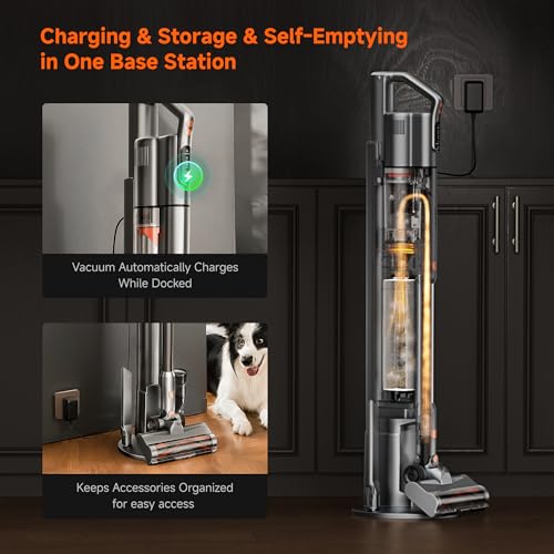 Image of uwant V500 Cordless Vacuum Cleaner with Auto Empty&Auto Dust Scrap System, 7-Layer HEPA Filtration, Anti-Tangle Brush, Stick Vacuum for Pet Hair, Hard Floors, Carpet，Grey