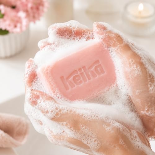 Image of Keika Rose Geranium Soap Bar with French Pink Clay for Face & Body, Natural Balancing Spa Bath & Shower Cleanser, 5 oz.
