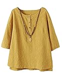 Minibee Women's 3/4 Sleeve Cotton Linen Jacquard Blouses Top T-Shirt (XL, Yellow)
