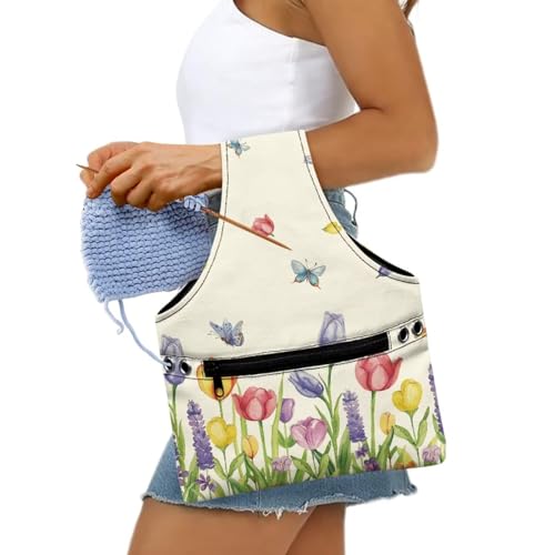 Image of KUIFORTI Floral Knitting Yarn Bag, Yarn Bags for Crocheting on The Go Crochet Organizer Storage Bag, Yarn Tote for Crochet Accessories, Knitting Needles, Fit for Women Girls at Home Travel, Small Size