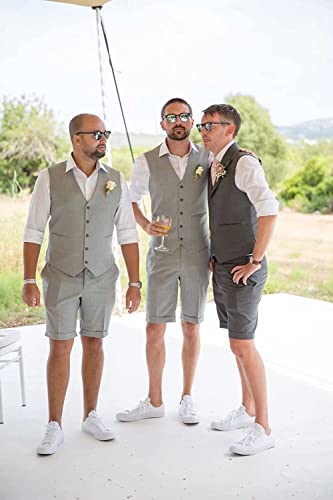 Groomsmen Linen Suit Vest 2 Pieces Wedding Summer Beach Waistcoat Shorts Sets4