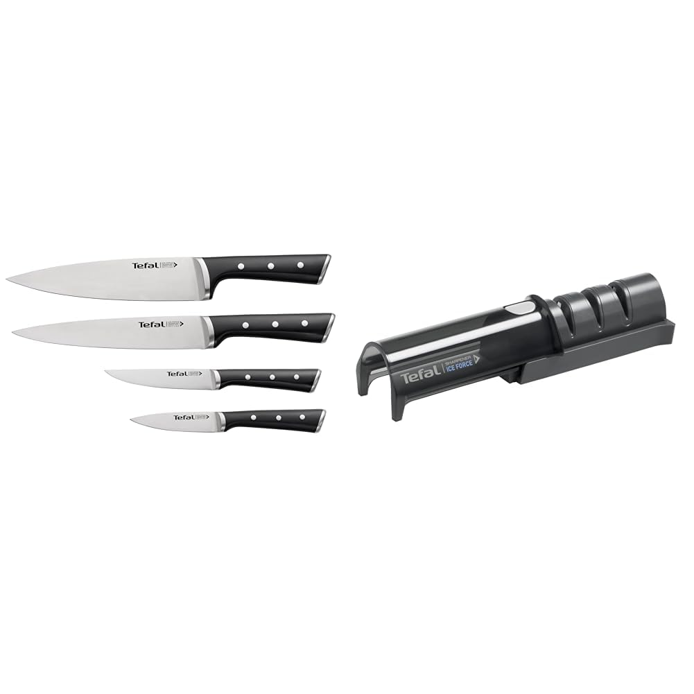 Tefal Ice Force Set de 4 Couteaux et Aiguiseur - Découper, Chef, Office, Émincer - Meule Japonaise, Affûtage 3 Étapes, Rétractable, Universel