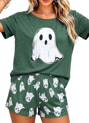 UNIQUEONE Women Halloween Pajamas Ghost Short Sleeve Sleepwear Lounge Set - image 1