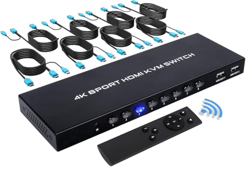KVM Switch HDMI 8 Ports, 4K@30Hz USB HDMI KVM Switch 8 in 1 Out, Share Monitor and USB Keyboard, Mouse, Included 8 KVM Cables