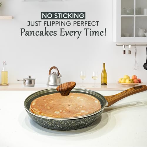AEX 28cm Nonstick Frying Pan with Lid | Scratch-Resistant & Durable Skillet | Cool-Touch Wooden Handle | Suitable for Induction, Gas, and Electric Hobs - Image 2