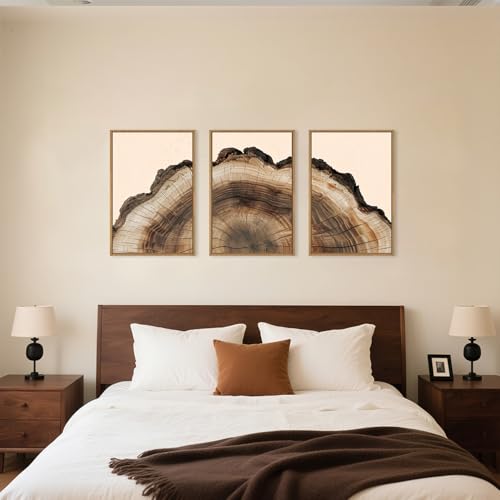Image of KAIRNE Vintage Tree Rings Framed Canvas Wall Art Set, Retro Wood Stump Wall Decor, Neutral Tree Spiral Art Prints, Modern Annual Ring Artwork for Living Room, Bedroom, Farmhouse, Office-24 x36 x3