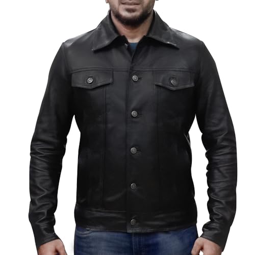 Image of Men's Genuine Leather Trucker Jacket Vintage Motorcycle Black Western Biker Slim Fit Trucker Jacket