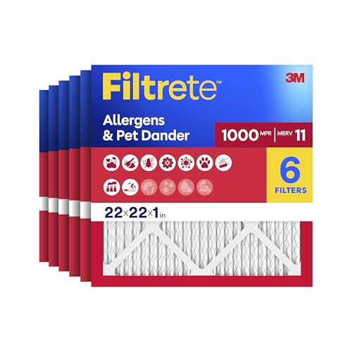 Filtrete 22x22x1 AC Furnace Air Filter MERV 11 MPR 1000 Micro Allergen Defense 3-Month Pleated 1-Inch Electrostatic Air Cleaning Filter 6 Pack (Actual Size 21.69x21.69x0.81 in)