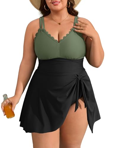 Image of Charmo Plus Size Bathing Suit for Women One Piece Swimdress Tummy Control Ruched Swimsuits Scalloped V Neck Swimwear Army Green Black 3X