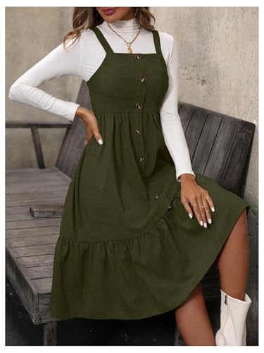 Image of WDIRARA Women's Button Front Sleeveless Ruffle Hem Pinafore Dress Corduroy Jumper Dress
