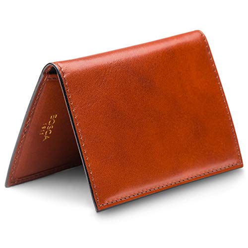 Image of Bosca Men's Leather Card Holder Wallet - Italian Full Grain Vegetable Tanned Credit Card Case - 6 Card Slots, 2 Receipt Wells - Classic Glossy Finish - Gift-Ready Packaging - Amber Brown