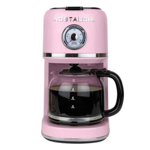 Image of Nostalgia Classic Retro 10 Cup Coffee Maker - One-Touch Drip Brew, Reusable Filter - Anti-Drip, Auto Shutoff, & Time Display - Dishwasher Safe 50 oz Carafe - Pink