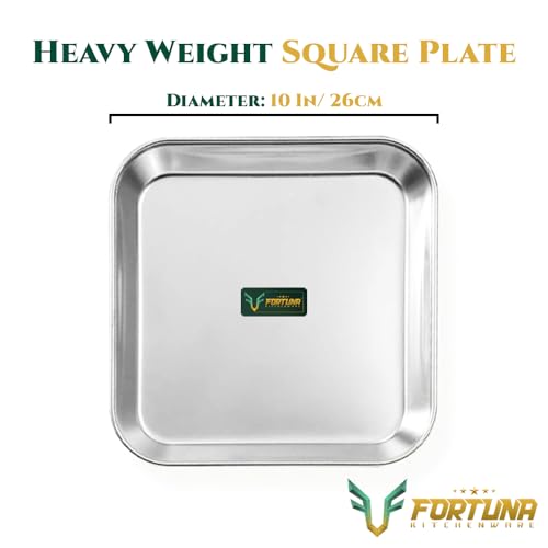 Image of Stainless Steel Plates Set of 6 | Square Plates | Breakfast /Lunch /Dinner Plates Set of 6, Diameter: 10 Inches (Plain)
