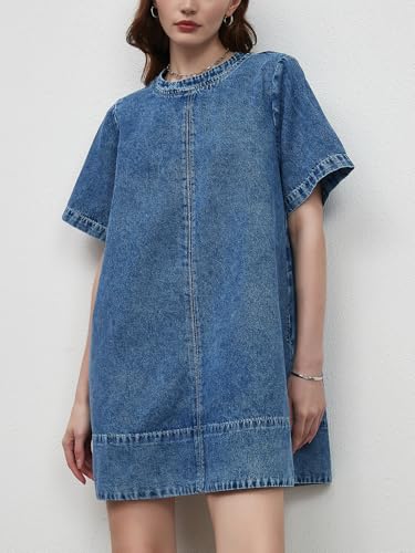 LifeShe Denim Dress for Women Summer Casual Short Sleeve Chambray Mini Jean Dresses with Pockets2