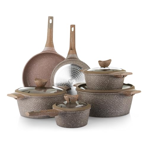 KASANOVA Pots and Pans set for cooking nonstick, 10Pcs, Durable Aluminum cookware set, PFOA-free, Kitchen pans set with glass lid, Induction safe, Taupe (10)