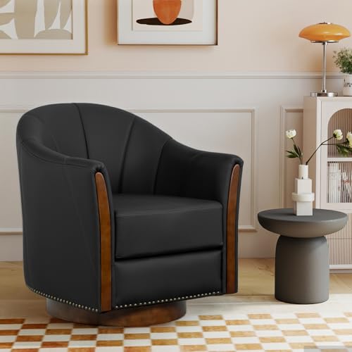 Image of Couchus 360 Swivel Accent Chair, Modern Leather Barrel Club Chair with Leather Upholstery and Sturdy Wood Base, Comfortable Armchair for Living Room, Bedroom, Reading Nook, Black