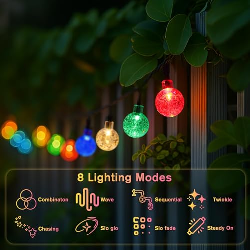 Metaku 2 Pack Solar String Lights for Outside, Total 40FT 60 LED Crystal Globe String Lights, Solar Powered Outdoor Lights with 8 Lighting Modes, Patio Light for Garden, Camping and Party Multicolor by Metaku - Image 5