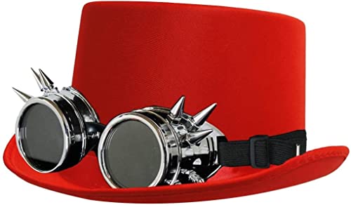 STEAMPUNK VICTORIAN SATIN TOP HAT WITH SILVER SPIKED GOGGLES - RED SATIN TOP HAT WITH GOGGLES PERFECT FOR DANCE SHOWS OR FANCY DRESS steampunk buy now online