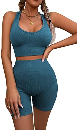 AMCLOS Womens Seamless Workout Sets Ribbed Knit 2 Piece Casual Yoga Outfits Crop Tank Tops High Waist Shorts(Blue,XL)