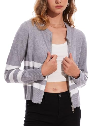 Image of MISS MOLY Women's Striped Cardigan Sweaters Full Zip Trendy Long Sleeve Round Neck Dressy Casual Knit Pullover Sweater Grey XS