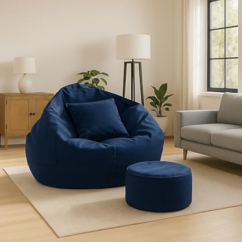 Image of IVIKA Bean Bag with Stool & Cushion | XXXXL Size Premium Leatherette Bean Bag for Gaming, Living Room & Bedroom (4XL - Navy Blue)