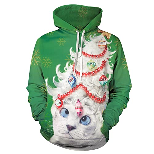 Cocopa Herren Ugly Christmas Sweater Neuheit 3D Grafik Sweatshirts Hoodie Kordelzug Pullover Hoodie mit Tasche, Grün mit Katze, X-Large Cover