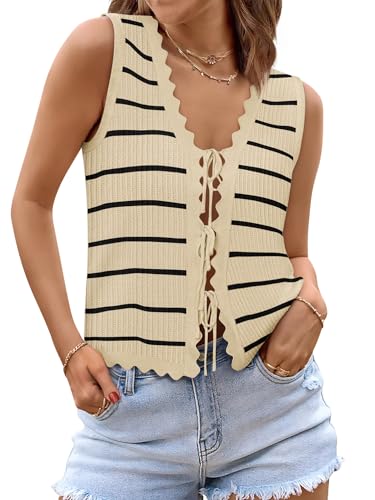 Image of COCCKO Womens Summer Tops Vacation Beach Outfits Cute Tie Front Crochet Vest Knit Sleeveless Sweaters