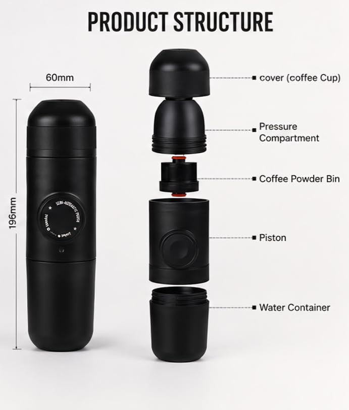 Image of Portable Manual Espresso Coffee Maker | Compatible with Fliteer Coffee Powder or Capsule | Compact Travel Espresso Maker for Home, Office, Camping & Travel | 1 Cup | Black