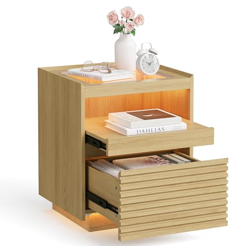 VASAGLE Nachttisch mit LED-Beleuchtung, Beistelltisch, Schublade, ausziehbare Ablage, obere Beleuchtung in 3 Farben einstellbar, untere mit Bewegungssensor, Schlafzimmer, natureichenfarben LET614Y70