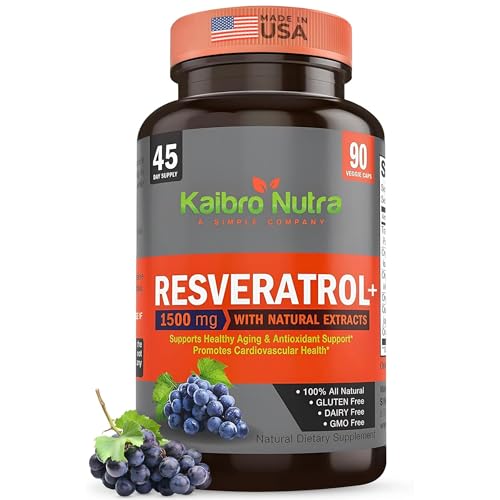 Kaibro Nutra Resveratrol Supplement 1500mg Extra Strength Trans Resveratrol Quercetin with Japanese Knotweed Extracts Anti-Aging Radiant Skin and Immunity Support Vegan & Non-GMO 90 Capsules