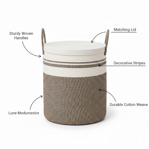 Image of Basket with Lid, 15 inch x 20 inch Woven Storage Basket for Blankets, Toys, Pillows, Towels, Living Room Bedroom Storage Bin, Round Rope Basket with Lid, Wicker Baskets for Organizing (BG4)