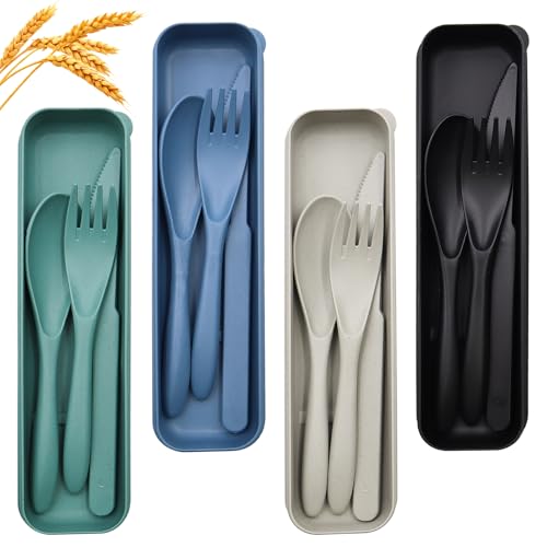 4 Ensemble de Couverts avec Étui Portables Couverts de Voyage Couvert Pique Nique Réutilisables Couvert Camping Couteau Cuillère et Fourchette en Plastique...
