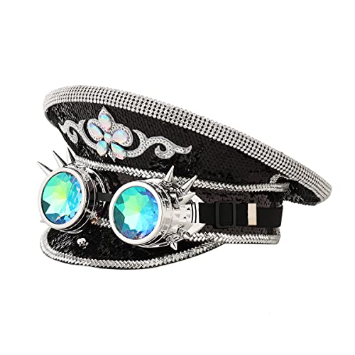 GRACEART Womens Burning Man Sequin Hat Music Festival Military Captain Hats Steampunk Caps with Goggles