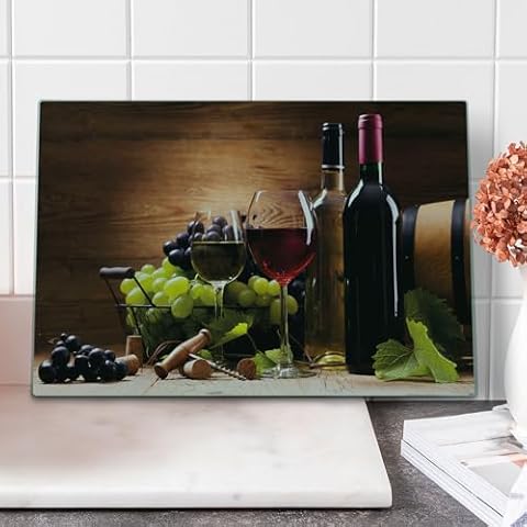 Ambesonne Wine Cutting Board, Glasses of Red and White Drink Served Grapes French Gourmet Tasting Decorative and Sturdy Tempered Glass for Table Decor Cutting and Serving Board Large Size, Brown Ruby Cover